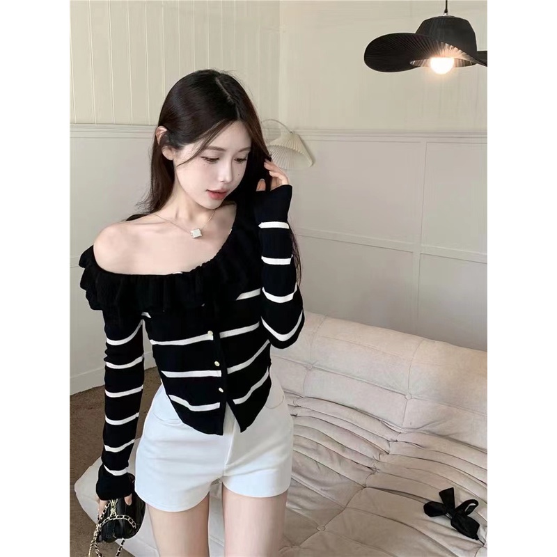 Áo Sweater Tay Dài Cổ Phối Bèo Thiết Kế Mới Thời Trang Mùa Thu Dành Cho Nữ