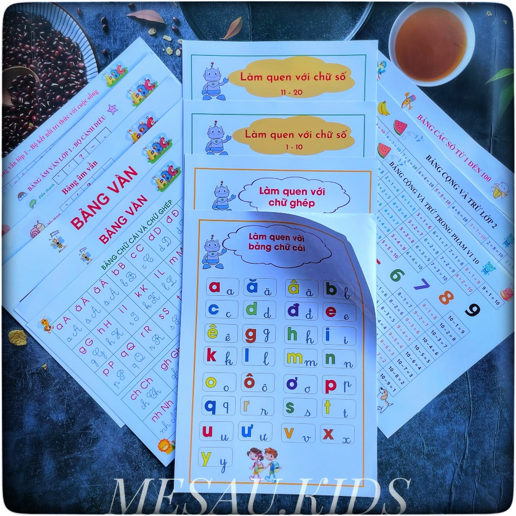 Combo Cho Bé Vào Lớp 1 MESAU.KIDS Bảng Âm Vần Bảng Chữ Cái Bảng Cửu Chương Bảng Số Lớp 1