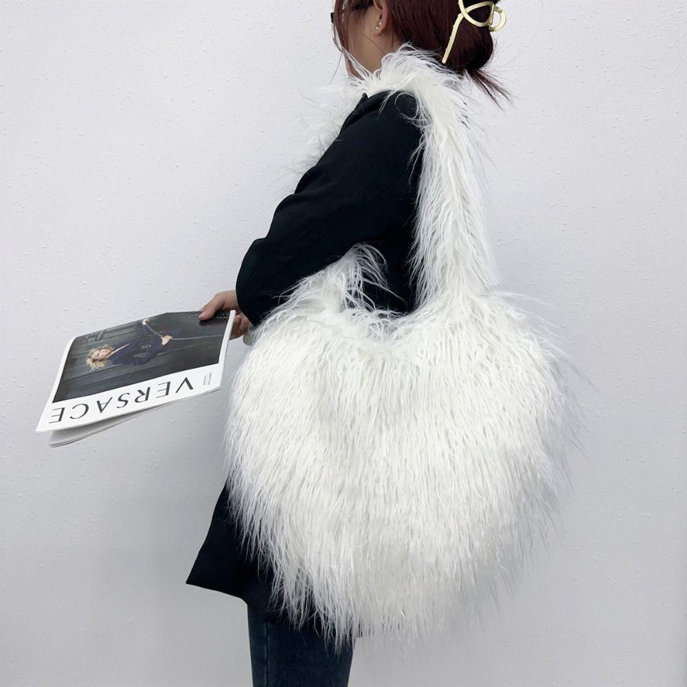 Risedot Túi Đeo Chéo Vai Bằng Vải Lông Xù Hình Trái Tim Dễ Thương Có Dây Đeo Lông Xù Dáng Dài Cho Nữ