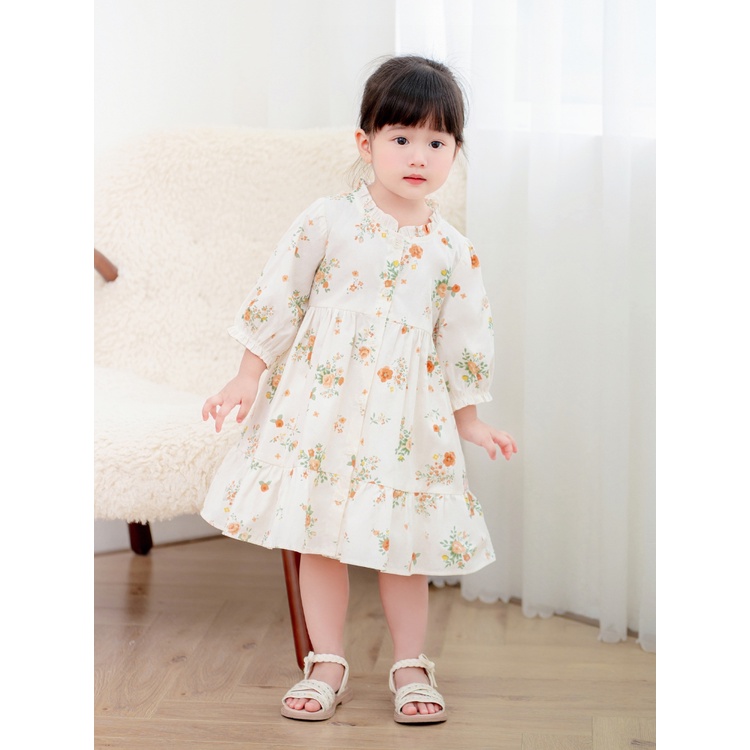 Váy Tay Lỡ CARROT Cho Bé Gái, Hoạ Tiết Hoa Cam Đất, Cổ Bèo Nẹp Cúc, Chất Liệu Thô Cotton