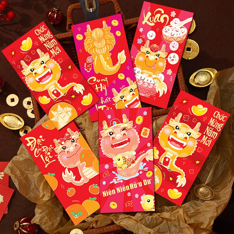 Set 6 Bao Lì Xì Năm Mới Họa Tiết Rồng Đỏ Dễ Thương