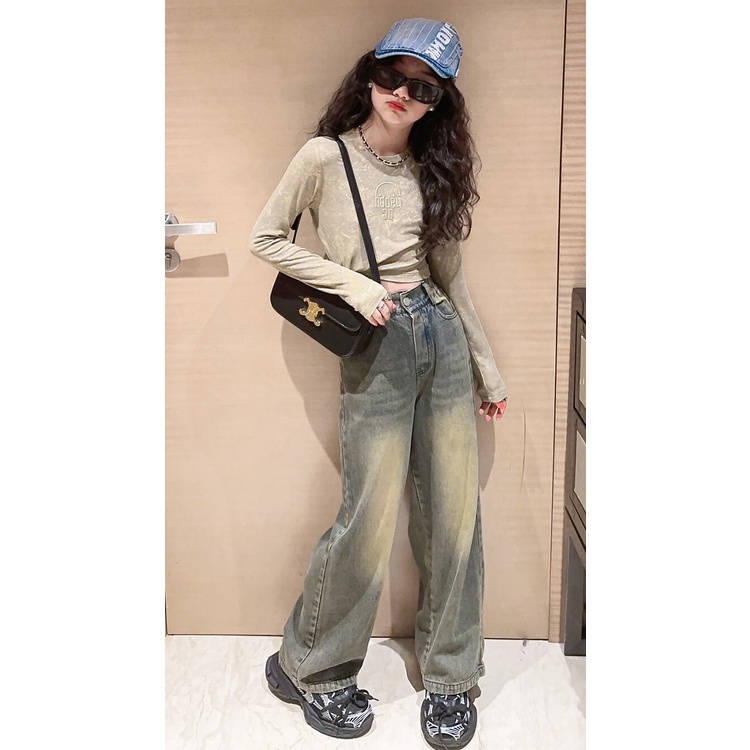 Set Áo Thun Tay Dài Nhuộm Màu Phối Quần jeans Dài Kiểu retro Thời Trang Cho Bé Gái