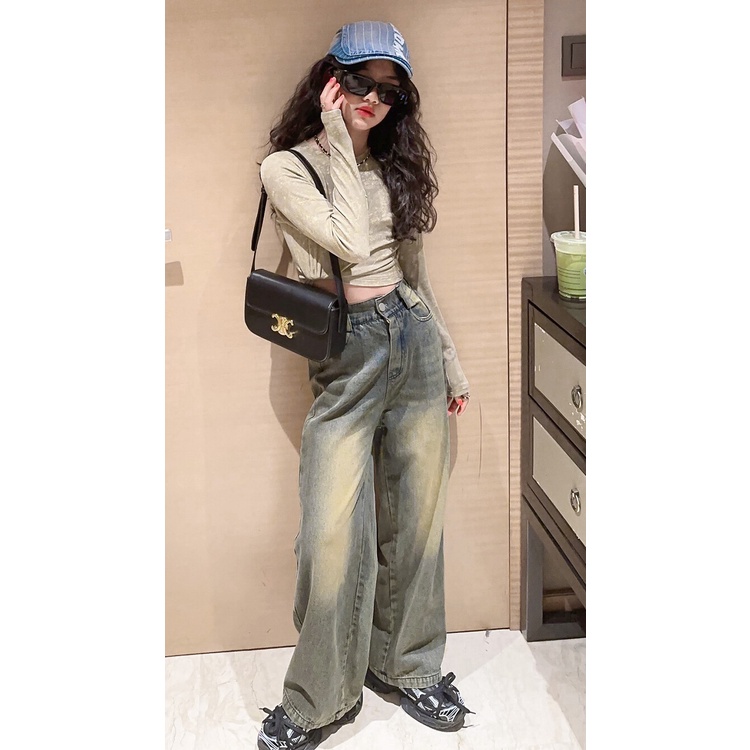 Set Áo Thun Tay Dài Nhuộm Màu Phối Quần jeans Dài Kiểu retro Thời Trang Cho Bé Gái