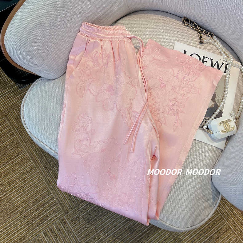 Quần Dài Ống Rộng Lưng Cao Vải satin Thêu Họa Tiết Phong Cách Trung Hoa Thời Trang Mùa Hè Mới Cho Nữ