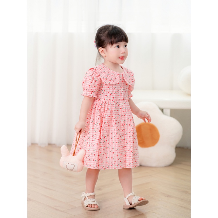 Váy Bé Gái Carrot Có Tay, Họa Tiết Kẻ Ô Hồng, Cổ Thủy Thủ, Chất Thô Cotton Thoáng Mát Thấm Hút Mồ Hôi Tốt