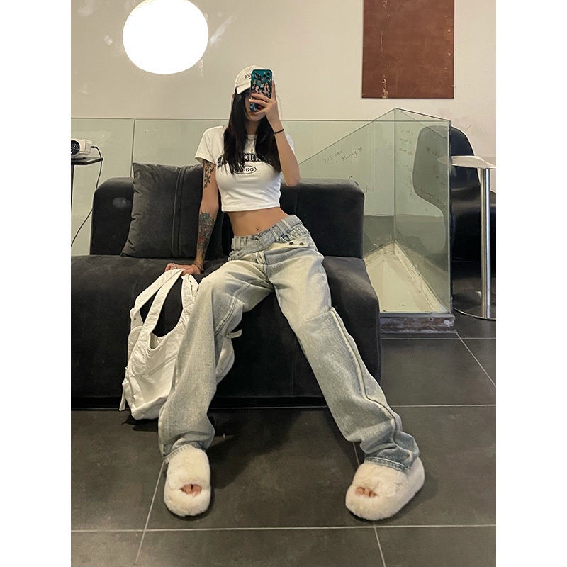 Quần jeans Nữ Lưng Cao Ống Rộng Thời Trang Cá Tính