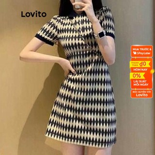 Đầm Lovito tay ngắn kiểu chữ A phối nút họa tiết quả trám thường ngày cho nữ LNA06139 (Màu đen)