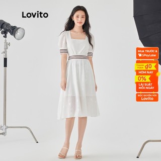 Đầm Lovito dáng chữ A lót lưới tương phản cắt khoen thêu họa tiết màu trơn thanh lịch cho nữ LNE04047 (màu trắng)
