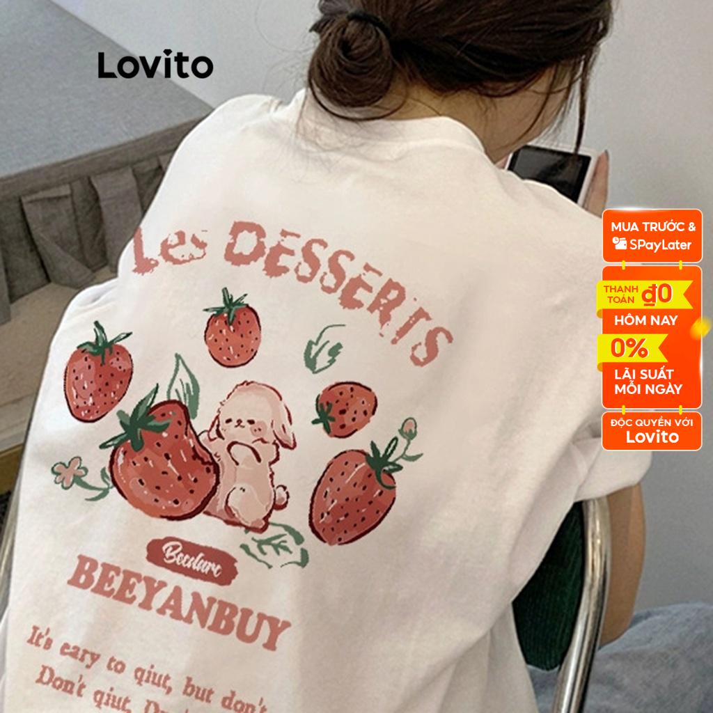 Áo thun Lovito cổ tròn tay ngắn in hình trái cây rau quả dễ phối đồ thường ngày cho nữ LNA14207 (màu trắng)
