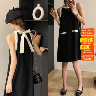 Đầm Lovito màu trơn ghép nối màu sắc đính ngọc trai nơ phong cách thường ngày thời trang dành cho nữ LNA08161 (đen)
