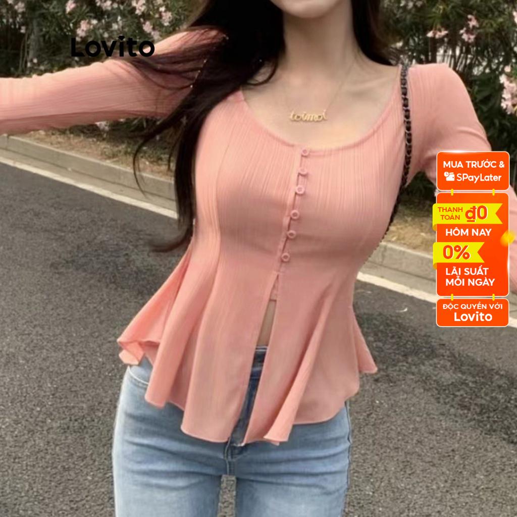 Áo kiểu Lovito dài tay cổ tròn xếp ly viền lai không đều màu trơn phong cách thường ngày cho nữ LNA07026 (màu cam)