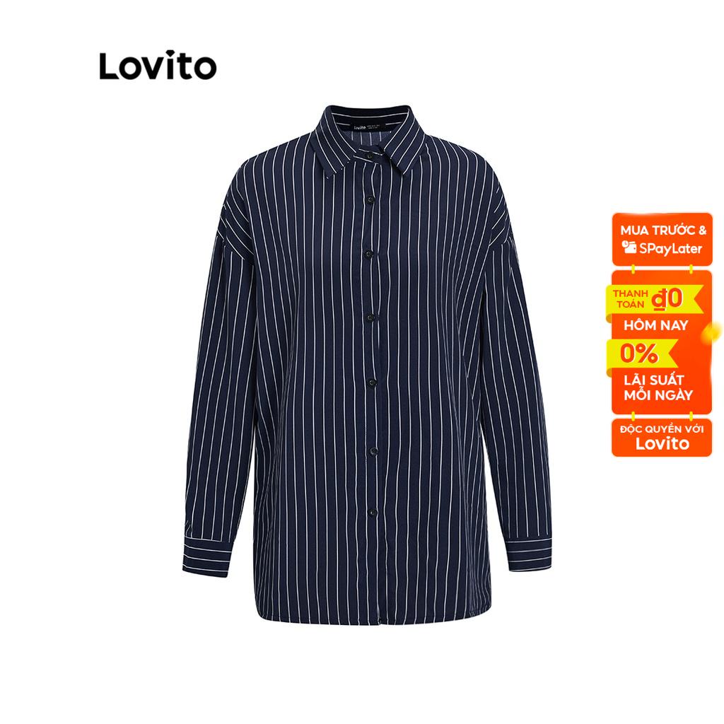 Áo kiểu Lovito tay dài cổ đứng kẻ sọc thanh lịch cho nữ LNE06057 (màu xanh dương đậm)