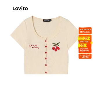 Áo thun Lovito phối nút trước hình trái cây và rau củ thường ngày cho nữ LNE15023 (màu mơ)