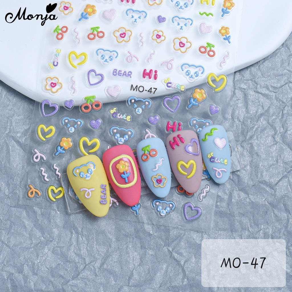 Monja Miếng Dán Trang Trí Móng Tay Họa Tiết Trái Tim Dập Nổi 5d Nhiều Màu Dễ Thương diy