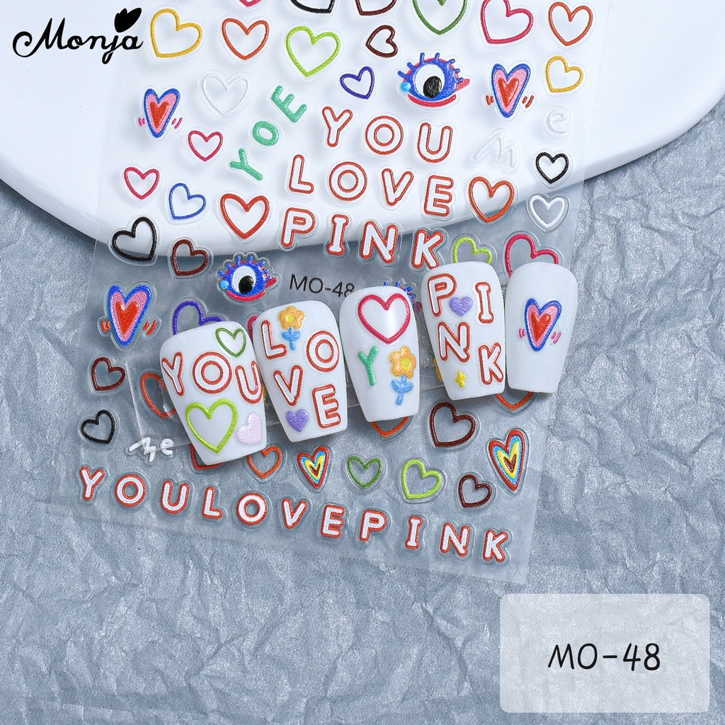 Monja Miếng Dán Trang Trí Móng Tay Họa Tiết Trái Tim Dập Nổi 5d Nhiều Màu Dễ Thương diy
