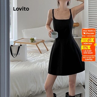 Đầm sát nách Lovito thêu ren kiểu dáng đơn giản cho nữ LNE12023 (màu đen)