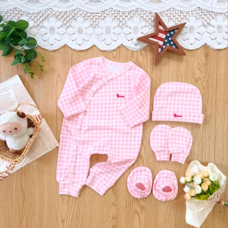 Set body dài sơ sinh thu đông Bunnybaby kèm mũ vớ chất thun 100% cotton cho bé 0-3 tháng