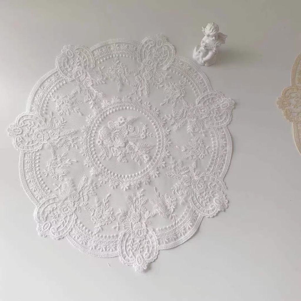 Tấm Lót Bàn Ăn Hình Tròn Bằng Ren Thêu Họa Tiết Tinh Tế 32cm Độc Đáo Trang Trí Nhà Cửa
