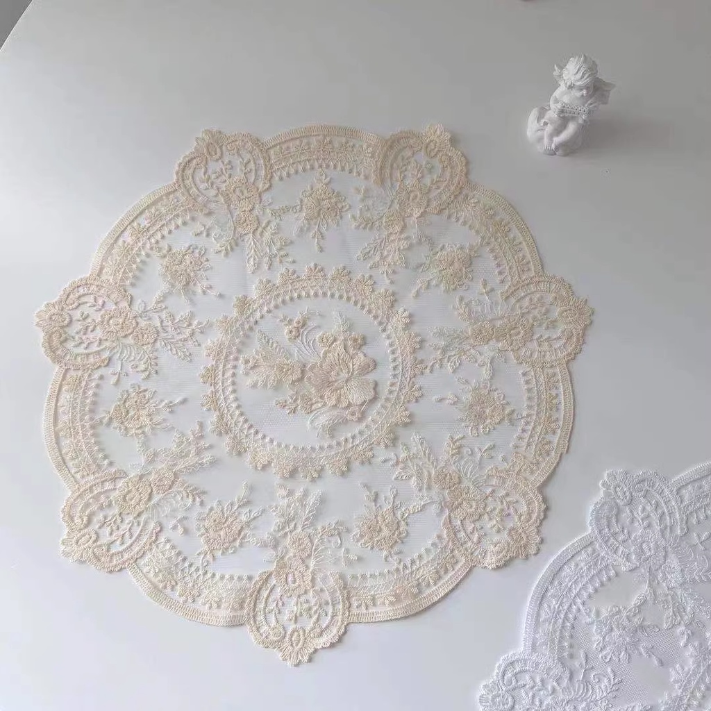 Tấm Lót Bàn Ăn Hình Tròn Bằng Ren Thêu Họa Tiết Tinh Tế 32cm Độc Đáo Trang Trí Nhà Cửa