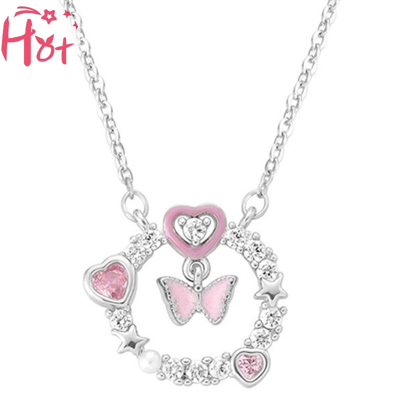 Jr Vòng cổ Mặt Tròn Hình Bướm Hồng Đính Đá zircon Lấp Lánh Cho Nữ vn