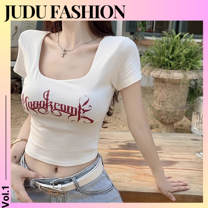 Áo thun nữ Ngắn Tay Cổ Vuông JUDU08 Vai Chính Màu Trắng Áo Ngắn Hở Rốn Bó Sát Cho Nữ Hot Girl Ngọt Ngào