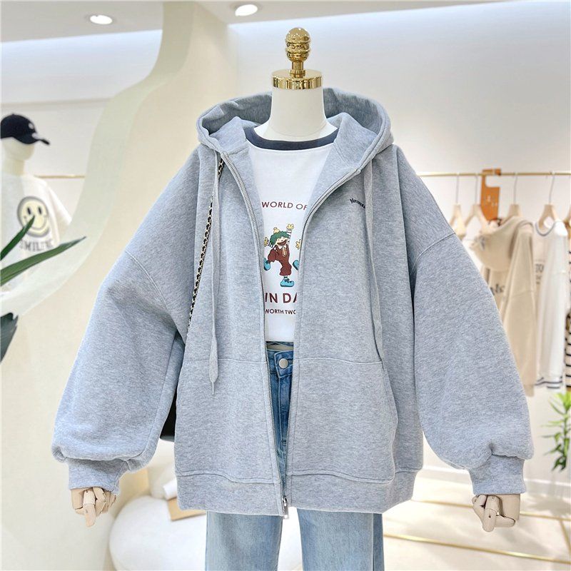 Áo Khoác Khóa Kéo Có Mũ Trùm Dáng Rộng Thời Trang Mùa Xuân Thu Hàn Quốc