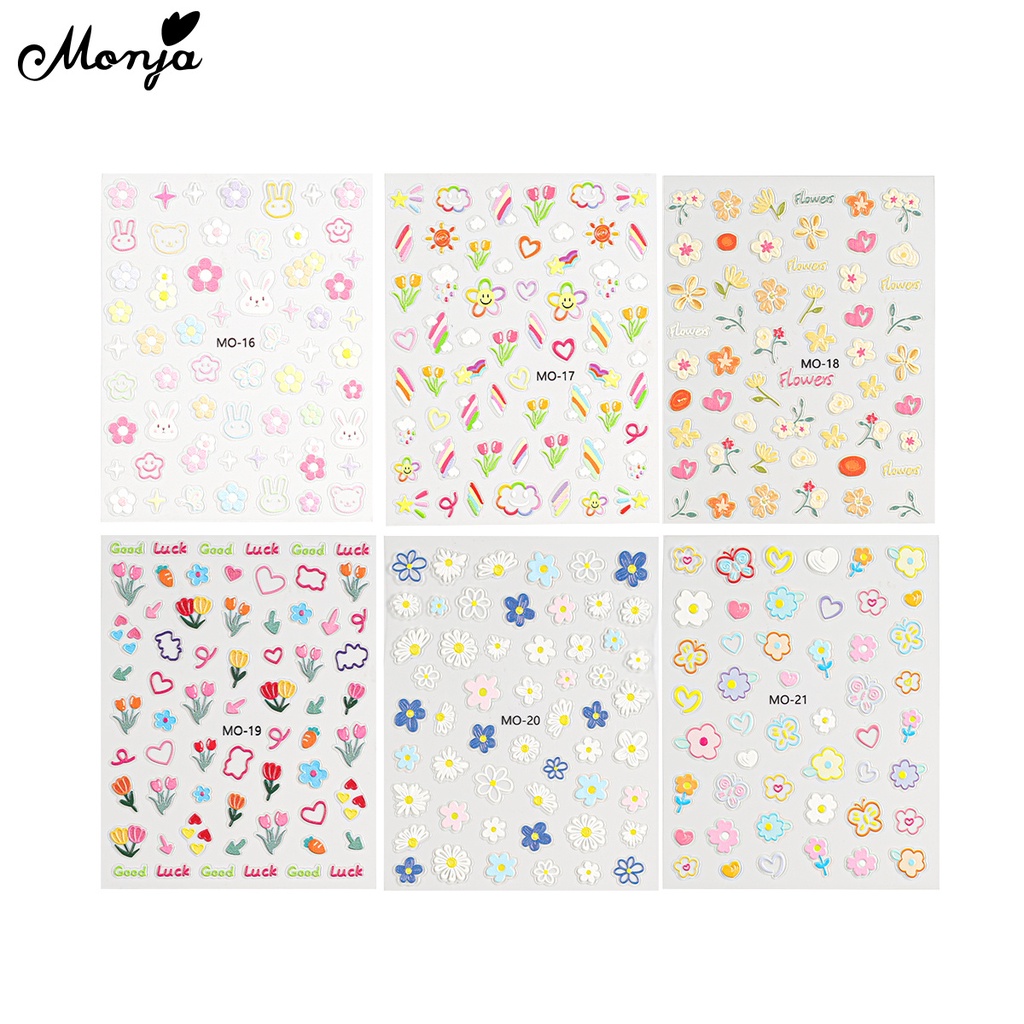 Monja Set 6 Nhãn Dán Móng Tay Tự Dính Họa Tiết Hoa Lá Thỏ Trắng 5d Dễ Thương Dùng Trang Trí Móng Nghệ Thuật diy