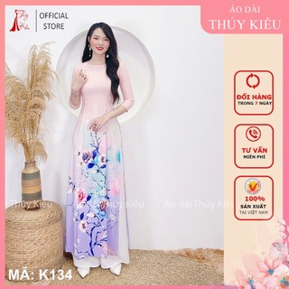K134 Áo dài Thuý Kiều thiết kế nữ vải lụa Nhật in 3D nền hồng nhạt tím in cành lá áo dài giá rẻ hàng may sẵn