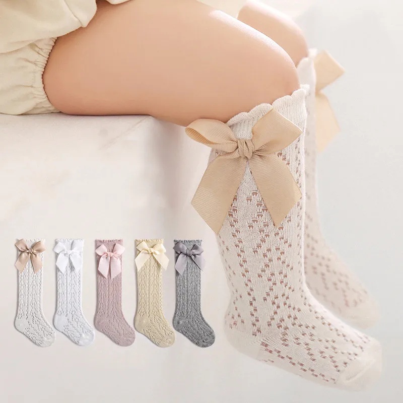 Dễ Thương Đôi Vớ Dài Qua Gối Vải cotton Phối Lưới Thoáng Khí Đính Nơ Đáng Yêu Cho Bé Gái YR