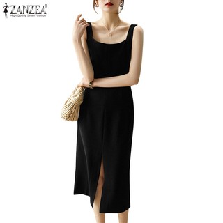 Zanzea Đầm Nữ Cộc Tay Cổ Vuông Xẻ Tà Thời Trang Hàn