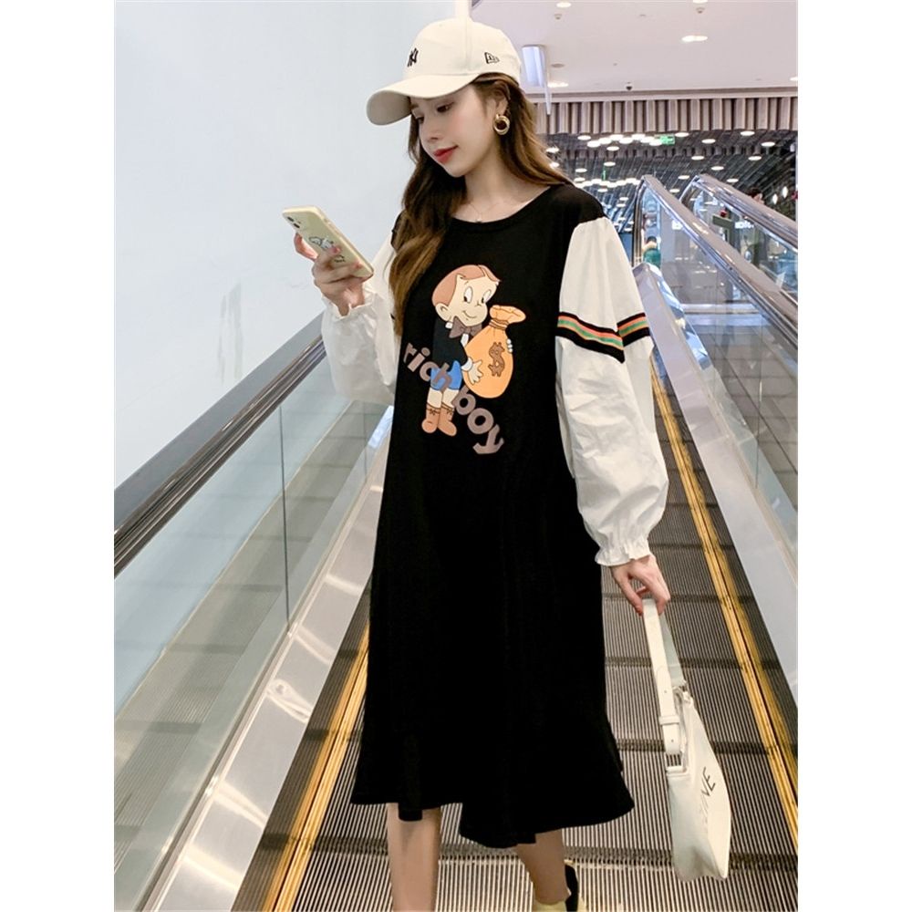YHTN váy bầu tay dài bigsize set đầm bầu sơ mi Thời trang xinh dễ thương váy xuông bầu