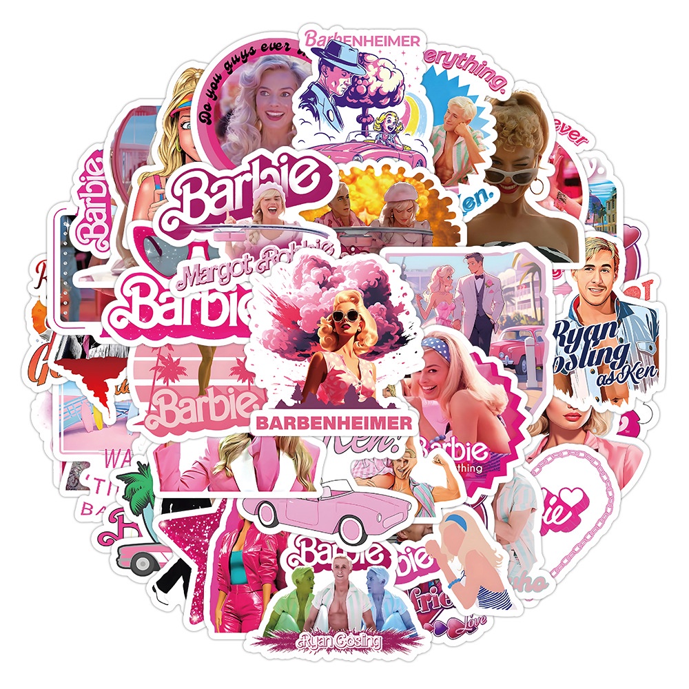 Set 60 / 50 Sticker Dán Trang Trí Mũ Bảo Hiểm Xe Đạp Hình barbie Màu Hồng graffiti