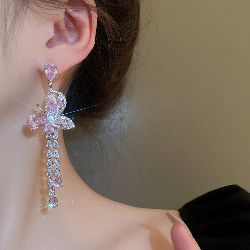 Bông Tai Mạ Bạc 925 Hình Bướm Đính Đá zircon Sang Trọng Thời Trang