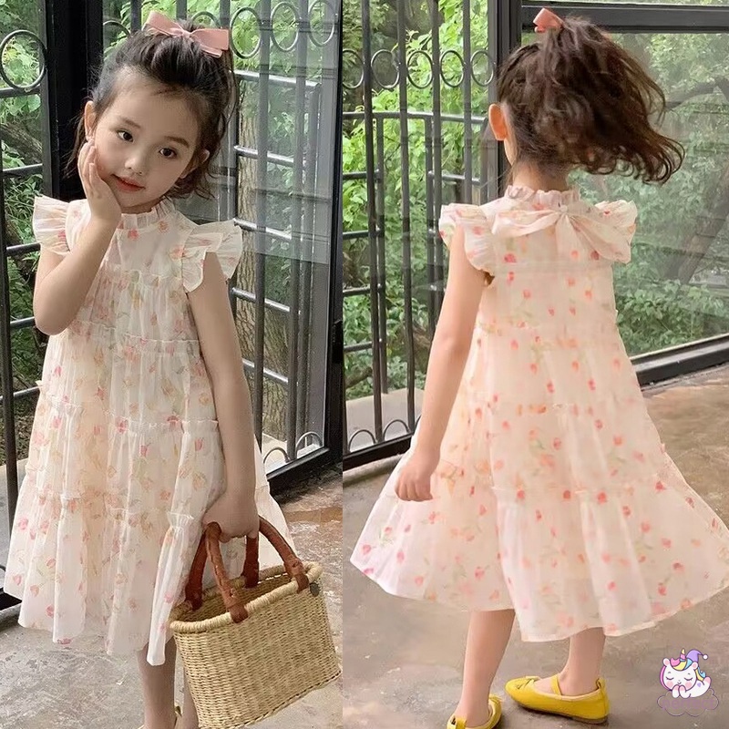 Đầm Hoa Cổ Ren Thắt Nơ Xinh Xắn Cho Bé Gái