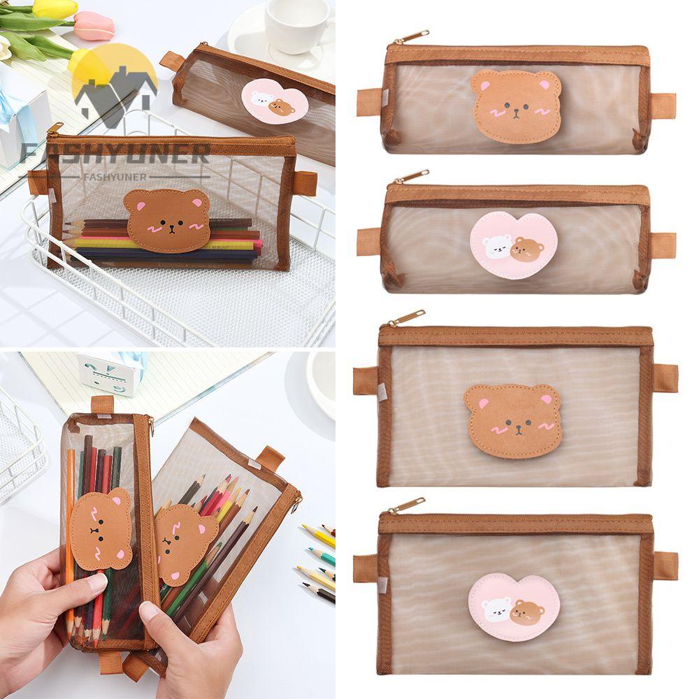 FASHYUNER Túi lưới đựng bút trong suốt sức chứa lớn phong cách gấu nâu dễ thương cho học sinh