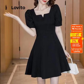Đầm Lovito tay phồng màu trơn phong cách thường ngày dành cho nữ LNA08152 (đen)