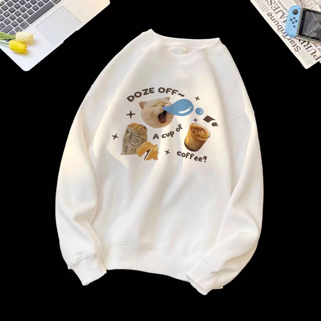 Áo sweater Cổ Tròn Tay Dài Dáng Rộng In Hình Mèo Hamburger Dễ Thương Phong Cách Hàn Quốc Cho Nữ