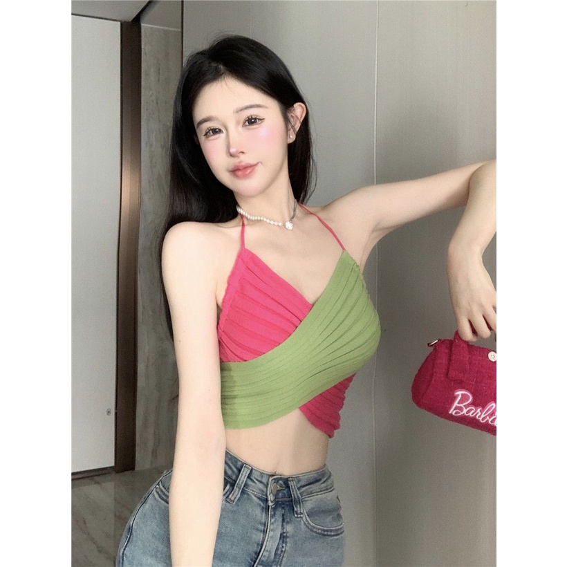 Áo Lửng Không Tay Dây Chéo Màu Sắc Tương Phản Thời Trang Mùa Hè Dành Cho Nữ