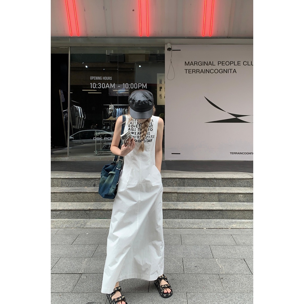 「 Sauce 」Đầm Dài Không Tay In Chữ Phong Cách Đường Phố Mỹ Thời Trang Thường Ngày Cho Nữ