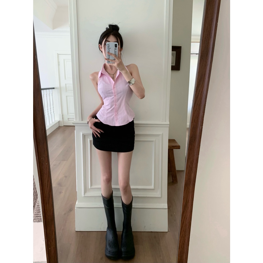 Liasynn Set Áo Sơ Mi Sát Nách Màu Hồng Dáng Chữ a Và Chân Váy Ngắn Ôm Hông Phong Cách Ngọt Ngào Cho Nữ