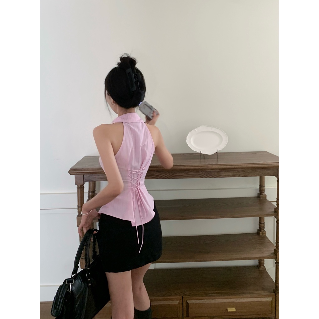 Liasynn Set Áo Sơ Mi Sát Nách Màu Hồng Dáng Chữ a Và Chân Váy Ngắn Ôm Hông Phong Cách Ngọt Ngào Cho Nữ