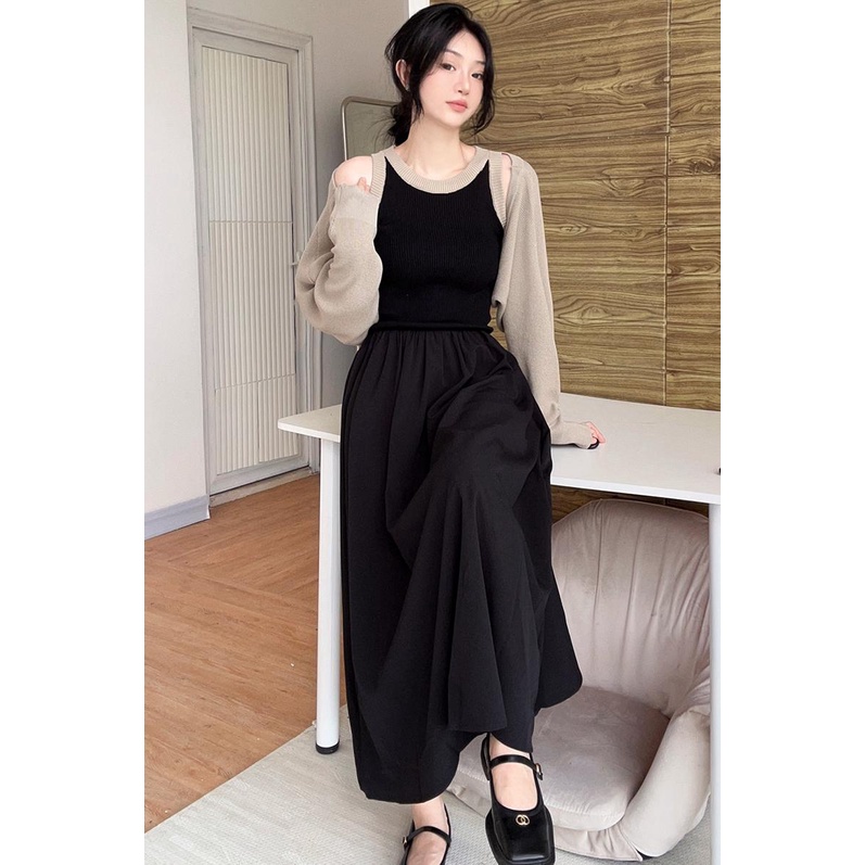 Set Đầm Và Áo Khoác cardigan Họa Tiết Kẻ Sọc 2023