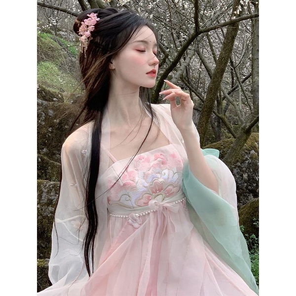 Đầm Hán Phục Cách Tân Tay Dài Thêu Họa Tiết Trung Hoa Thời Trang Xuân Hè Xinh Xắn