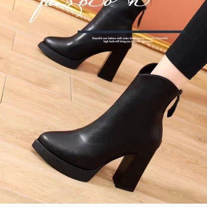 Giày Bốt martin Cao Gót Da pu Cổ Chữ v Màu Trơn Phối Khóa Kéo Sau Phong Cách Pháp Thời Trang Mùa Đông