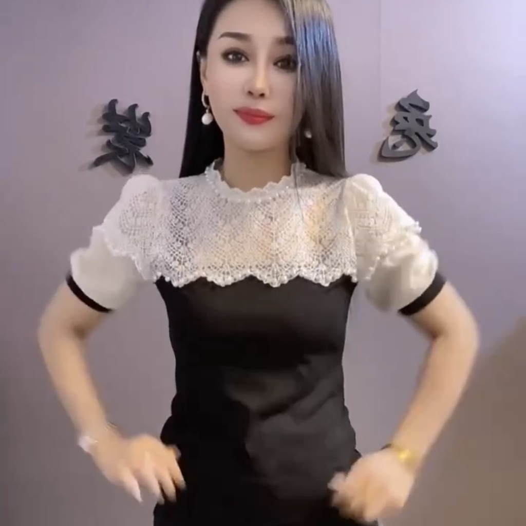 Áo Thun Tay Ngắn Dáng Ôm Phối Ren Đính Hạt Thời Trang Mùa Hè Xinh Xắn Cho Nữ