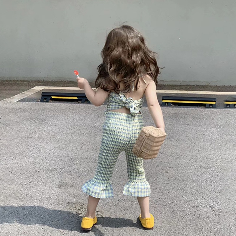 Bộ Áo Hai Dây Hở Lưng + Quần Dài Ống Loe Họa Tiết Caro Thời Trang Mùa Hè Cho Bé Gái