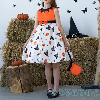 Cht bộ trang phục hóa trang halloween gồm đầm không tay in họa tiết bí ngô và nón phù thủy ác quỷ kèm túi cho bé gái