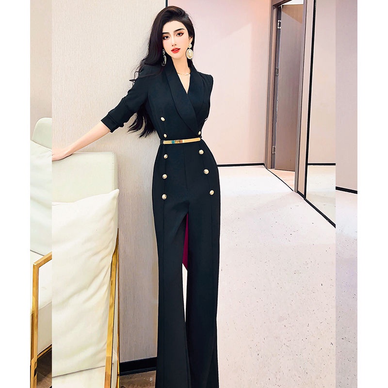 High-end fashion OL wide leg jumpsuit new suit collar double-breasted jumpsuit