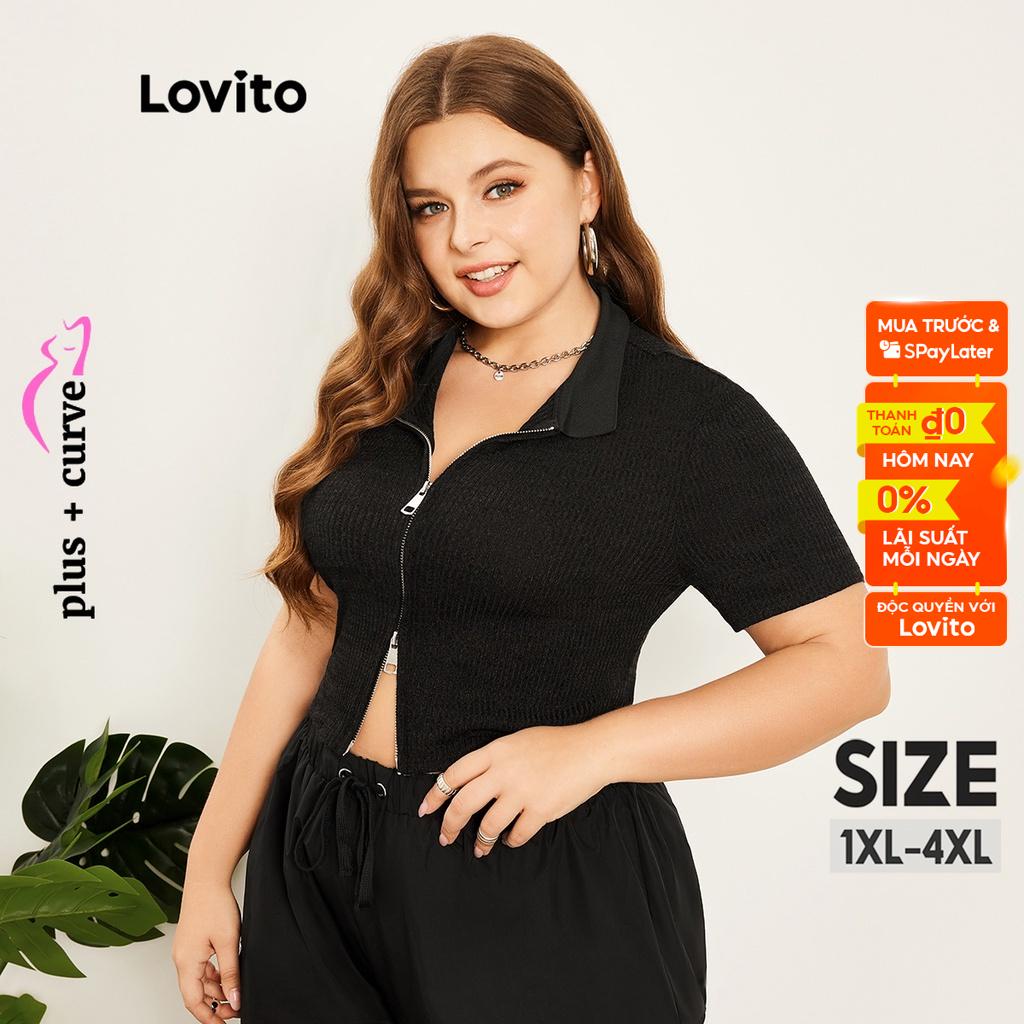 Áo dệt kim Lovito plus size cổ polo khóa kéo màu trơn phong cách thường ngày LPS06004 (màu đen) | BigBuy360 - bigbuy360.vn