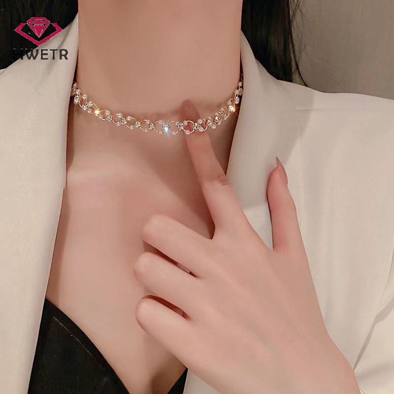 Vòng cổ choker HWETR đính ngọc trai lấp lánh phong cách Hàn Quốc thanh lịch dành cho nữ